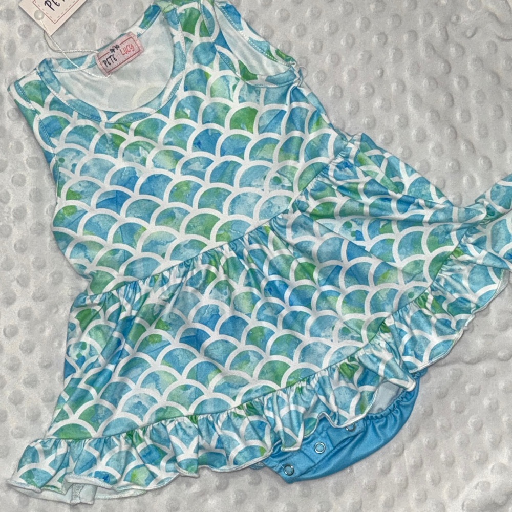 Pete and Lucy Blue and Green Scallop Pattern Baby Dress